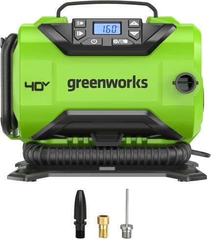 Greenworks 40V Cordless Tire Inflator, 160 PSI Portable Air Compressor, 2 Power Sources, Auto Shut Off, for Car, Bicycle, Motorcycle, Inflatables With 2.0 Ah USB (Power Bank) Battery & Charger in Kuwait