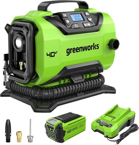 Greenworks 40V Cordless Tire Inflator, 160 PSI Portable Air Compressor, 2 Power Sources, Auto Shut Off, for Car, Bicycle, Motorcycle, Inflatables With 2.0 Ah USB (Power Bank) Battery & Charger in Saudi Arabia
