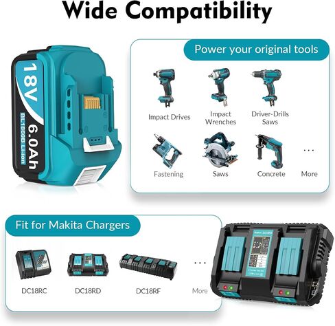 2Packs 6.0Ah Replacement for Makita Battery 18V with 2-Port Charger in Kuwait