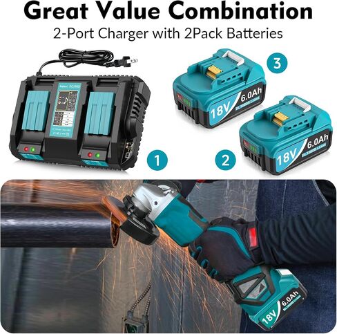 2Packs 6.0Ah Replacement for Makita Battery 18V with 2-Port Charger in Kuwait