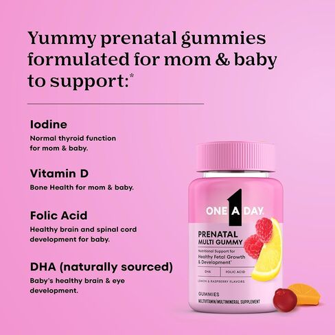 One A Day Prenatal Vitamins for Women Gummies- Pregnancy Vitamins for Women with Folic Acid, DHA, Iodine, Prenatal Gummies, Iron-Free, 120 Ct (Packaging May Vary) in Kuwait