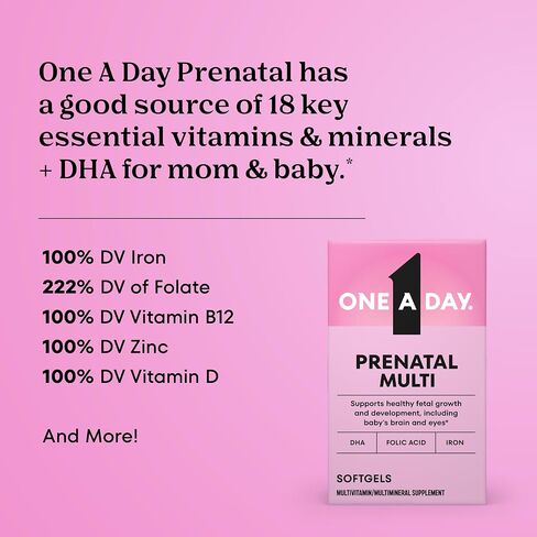 One A Day Prenatal Vitamins- Folic Acid, Iron, Omega- 3 (DHA), Pregnancy Vitamins for Women, Prenatal Multivitamin for Mom and Baby Support, Pregnancy Must Haves 30 Ct (Packaging May Vary) in Kuwait