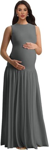 Pleated Maternity Dress for Photoshoot Satin Scoop Neck Baby Shower Dresses | Stretch Fabric in Kuwait