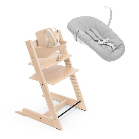 Stokke Tripp Trapp High Chair 2 with Newborn Set and Tray, Natural/Grey | Includes Chair, Newborn Set, Removable Harness, Tray, Ages 0-36 Months, Solid Wood, Adjustable 5-Point Harness in Kuwait