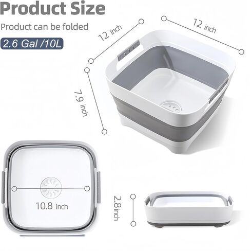 2.6 Gal/10L Collapsible Wash Basin with Drain Plug, Portable Foldable Dish Tub, Large Capacity Space-Saving Sink for Baby Bottles, RV, Camping, Kitchen, Travel & Outdoor Use in Kuwait