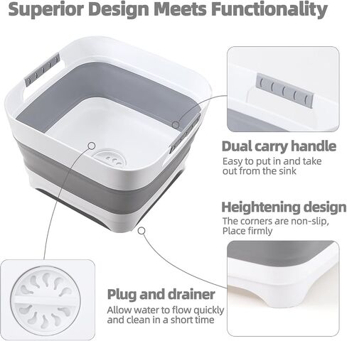 2.6 Gal/10L Collapsible Wash Basin with Drain Plug, Portable Foldable Dish Tub, Large Capacity Space-Saving Sink for Baby Bottles, RV, Camping, Kitchen, Travel & Outdoor Use in Kuwait