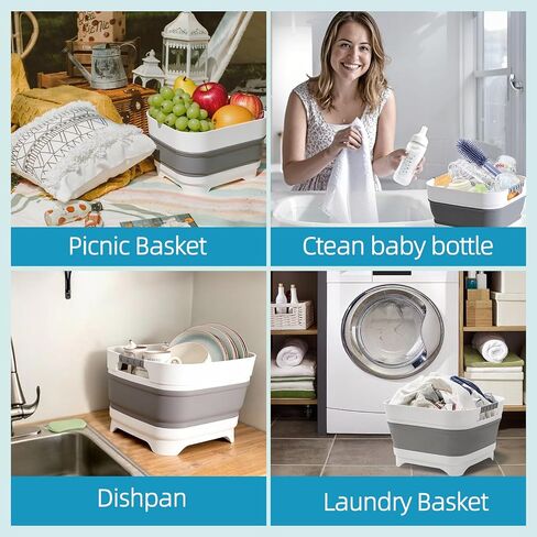 2.6 Gal/10L Collapsible Wash Basin with Drain Plug, Portable Foldable Dish Tub, Large Capacity Space-Saving Sink for Baby Bottles, RV, Camping, Kitchen, Travel & Outdoor Use in Kuwait