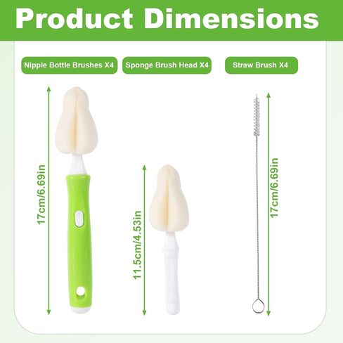 12pcs Sponge Nipple Bottle Brushes Set, Includes Bottle Nipple Cleaners with Replacement Brush Heads & Straw Brushes for Cleaning Baby Food Feeders Cups Straws in Kuwait
