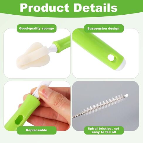 12pcs Sponge Nipple Bottle Brushes Set, Includes Bottle Nipple Cleaners with Replacement Brush Heads & Straw Brushes for Cleaning Baby Food Feeders Cups Straws in Kuwait