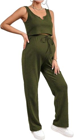 XUNZOO Women Summer Outfits Wide Leg Pants Set Sports Outfit Pregnancy Yoga Clothes Belted Rompers for Jogging in Kuwait
