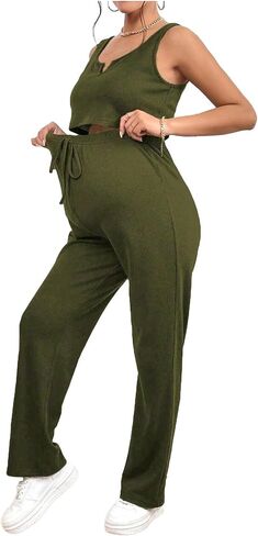 ranrann Women Workout Sets Ribbed Knit Matching Outfit Pregnancy Yoga Clothes Tank Top with Pants for Sports Army Green Large in Kuwait