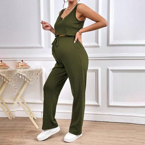 ranrann Women Workout Sets Ribbed Knit Matching Outfit Pregnancy Yoga Clothes Tank Top with Pants for Sports Army Green Large in Kuwait