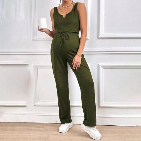 ranrann Women Workout Sets Ribbed Knit Matching Outfit Pregnancy Yoga Clothes Tank Top with Pants for Sports Army Green Large in Kuwait