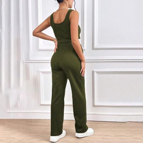 Aislor Women Workout Sets Sports Outfit Pregnancy Yoga Clothes Wide Leg Pants Set Sleeveless Jumpsuit for Gym Army Green X-Large in Saudi Arabia