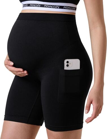 Momcozy Women Seamless Knit Maternity Biker Shorts with Pocket 6" Over Belly High Waisted Thick Pregnancy Yoga Shorts in Kuwait