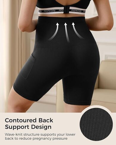 Momcozy Women Seamless Knit Maternity Biker Shorts with Pocket 6" Over Belly High Waisted Thick Pregnancy Yoga Shorts in Kuwait