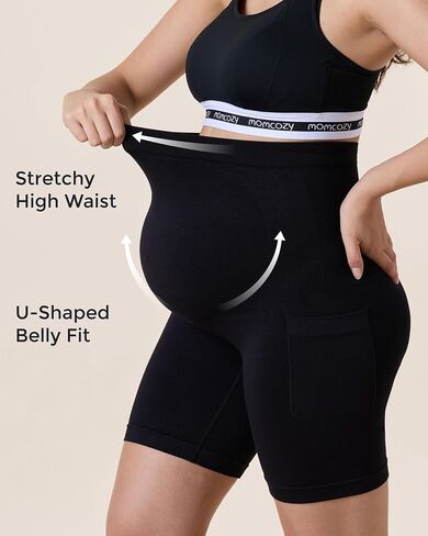 Momcozy Women Seamless Knit Maternity Biker Shorts with Pocket 6" Over Belly High Waisted Thick Pregnancy Yoga Shorts in Kuwait