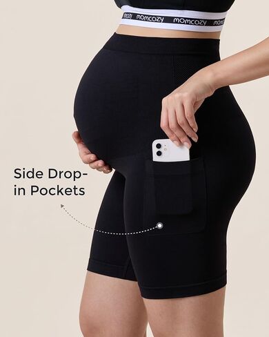 Momcozy Women Seamless Knit Maternity Biker Shorts with Pocket 6" Over Belly High Waisted Thick Pregnancy Yoga Shorts in Kuwait