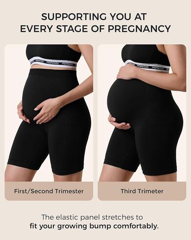 Momcozy Women Seamless Knit Maternity Biker Shorts with Pocket 6" Over Belly High Waisted Thick Pregnancy Yoga Shorts in Kuwait