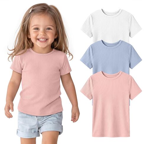 3 Pack Toddler Girls' Ribbed Shirts | Crew Neck, Knit, Slim Fit, Soft, Cotton, Solid, Tops, Basic, Base Layer, Spring, Summer, Casual, Breathable, Baby in Saudi Arabia