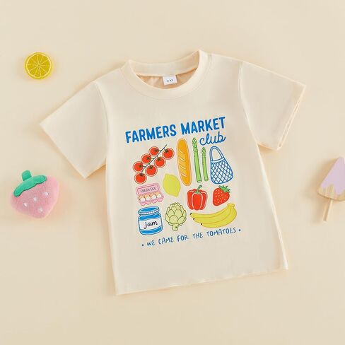 Toddler Girls Boys Tee Strawberry Print T-Shirt Kids Short Sleeve Fruit Vegetable Shirt Cute Summer Top Clothes (Khaki, 2-3 Years) in Kuwait