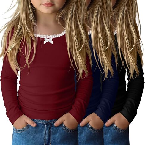 3 Pack Toddler Girls Long Sleeve Shirts Lace Trim Bow U Neck Tops for Baby Girl Ruched Side Slim Fit Fall Tee 18M-5T in Kuwait