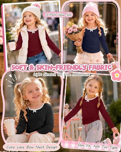 3 Pack Toddler Girls Long Sleeve Shirts Lace Trim Bow U Neck Tops for Baby Girl Ruched Side Slim Fit Fall Tee 18M-5T in Kuwait