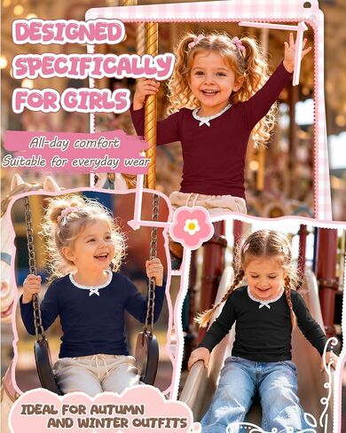 3 Pack Toddler Girls Long Sleeve Shirts Lace Trim Bow U Neck Tops for Baby Girl Ruched Side Slim Fit Fall Tee 18M-5T in Kuwait