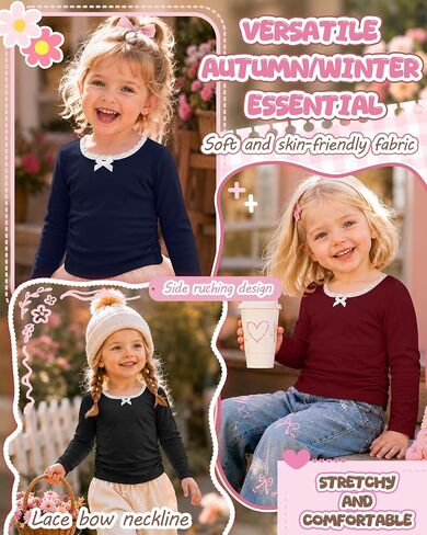 3 Pack Toddler Girls Long Sleeve Shirts Lace Trim Bow U Neck Tops for Baby Girl Ruched Side Slim Fit Fall Tee 18M-5T in Kuwait