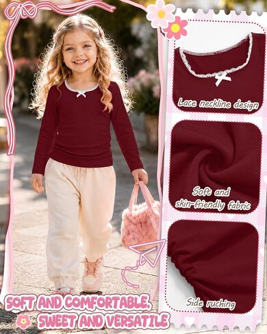 3 Pack Toddler Girls Long Sleeve Shirts Lace Trim Bow U Neck Tops for Baby Girl Ruched Side Slim Fit Fall Tee 18M-5T in Kuwait