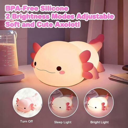Cute Axolotl Night Light for Kids Bedroom, Animal Silicone Nursery Night Lamp Touch Control Nightlights USB Rechargeable Bedside Lamp for Baby Children Toddlers Girls Gift (Pink Axolotl) in Kuwait
