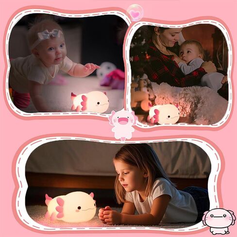 Cute Axolotl Night Light for Kids Bedroom, Animal Silicone Nursery Night Lamp Touch Control Nightlights USB Rechargeable Bedside Lamp for Baby Children Toddlers Girls Gift (Pink Axolotl) in Kuwait