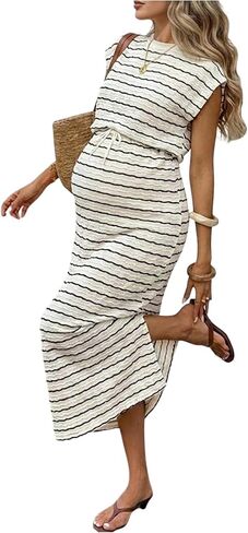 SHENHE Women's Maternity Striped Maxi Dress Drawstring Tie Waist Slit Pregnancy Long Dress in Kuwait