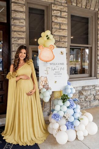 Cape Sleeve Maternity Dress for Baby Shower with 3D Flower Floor Length in Kuwait