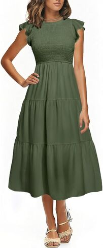 Casual Summer Dresses Women Crew Neck Smocked Tiered A-Line Midi Dress | Women’s Summer Casual Midi Dresses Flutter Short Sleeves Smocked Tiered Dress Flowy Spring A-Line Sundress Photoshoot in Kuwait