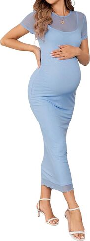 OYOANGLE Women's Maternity Dress Mesh Sheer Short Sleeve Bodycon Ruched Pregnancy Long Dresses for Baby Shower in Kuwait
