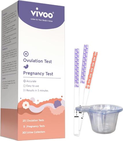 Vivoo Ovulation and Pregnancy Test Strips Kit — 50 LH Ovulation Tests + 20 HCG Pregnancy Tests + 70 Cups | 99.1% Accurate | 5-Min Results | Free App Cycle Tracker in Kuwait