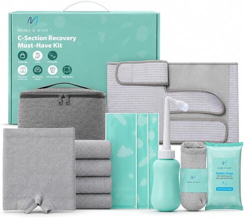 Mama & Wish® C-Section Recovery Kit – Postpartum Essentials C Section 12-Pc: Belly Binder, Silicone Scar Patches, Peri Bottle, Disposable Underwear, Wipes, Grip Socks & Toiletry Bag in Kuwait