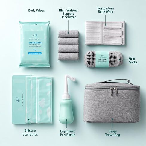 Mama & Wish® C-Section Recovery Kit – Postpartum Essentials C Section 12-Pc: Belly Binder, Silicone Scar Patches, Peri Bottle, Disposable Underwear, Wipes, Grip Socks & Toiletry Bag in Kuwait