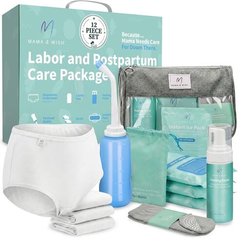 Mama & Wish Postpartum Essentials Kit (14-Piece) - Includes Hospital Post Partum Essentials for Women After Birth, Labor and Delivery Gown, Peri Bottle, Witch Hazel Foam, Pad Liners & More in Kuwait