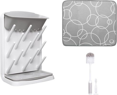 Ubbi Vertical Baby Bottle Drying Rack, Bottle Brush & Drying Mat Bundle | 13-Peg Bottle Drying Rack, Removable Drain Tray, 2-in-1 Bottle Brush & Microfiber Drying Mat, Baby Registry Must Haves, Gray in Kuwait