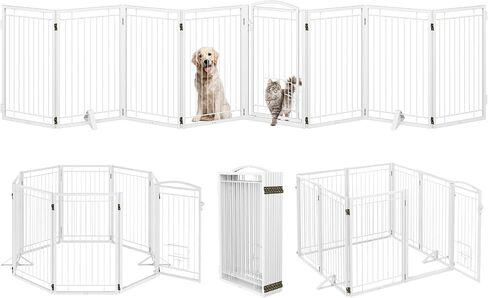 Full Metal Freestanding Dog Gate with Cat Door for Indoor & Outdoor,32" Tall Foldable Dog Fence,80" Extra Wide Free Standing Pet Gate for Large Openings,Stairs,Deck,Yard,Doorways(Black) in Kuwait