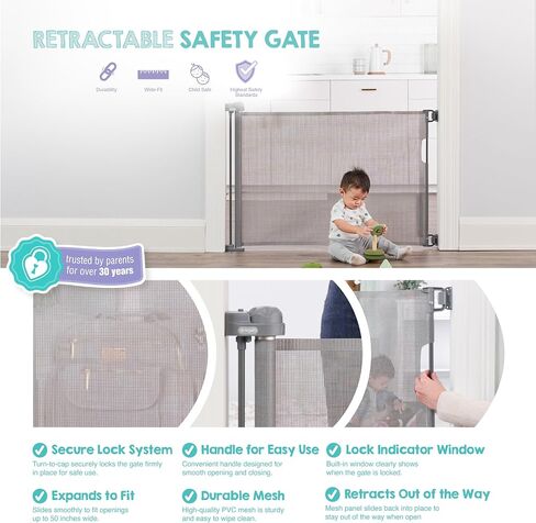 Regalo Safety 50" Retractable Mesh Baby Gate, Bottom of Stairs & Doorways | Hardware Mounted, For Babies, Toddlers & Pets, Gray, Lock Indicator Window, Tested & Trusted for 30 Years in Kuwait