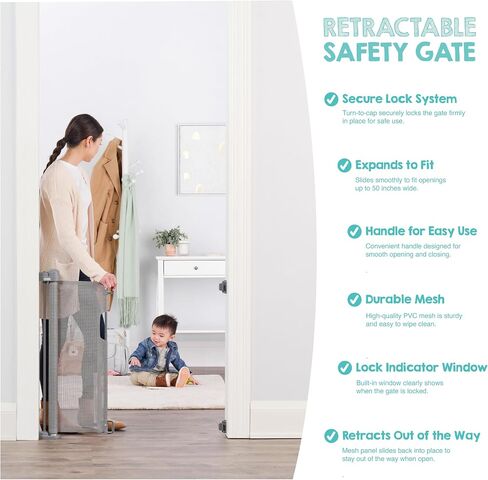 Regalo Safety 50" Retractable Mesh Baby Gate, Bottom of Stairs & Doorways | Hardware Mounted, For Babies, Toddlers & Pets, Gray, Lock Indicator Window, Tested & Trusted for 30 Years in Kuwait