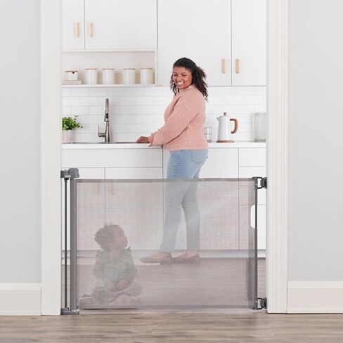 Regalo Safety 50" Retractable Mesh Baby Gate, Bottom of Stairs & Doorways | Hardware Mounted, For Babies, Toddlers & Pets, Gray, Lock Indicator Window, Tested & Trusted for 30 Years in Kuwait