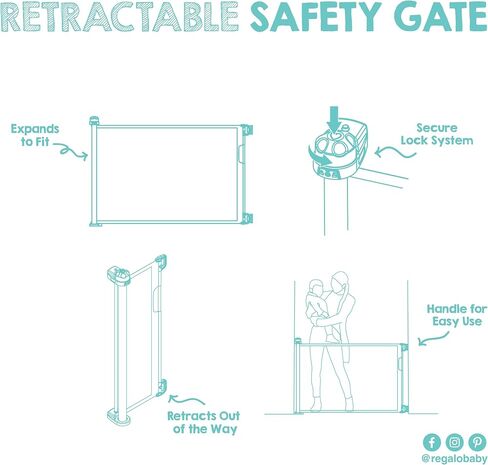 Regalo Safety 50" Retractable Mesh Baby Gate, Bottom of Stairs & Doorways | Hardware Mounted, For Babies, Toddlers & Pets, Gray, Lock Indicator Window, Tested & Trusted for 30 Years in Kuwait