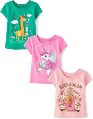 The Children's Place Baby Girls' and Toddler Unicorns,Butterflies,Trends Short Sleeve Graphic T-Shirts,3 Pack in Kuwait
