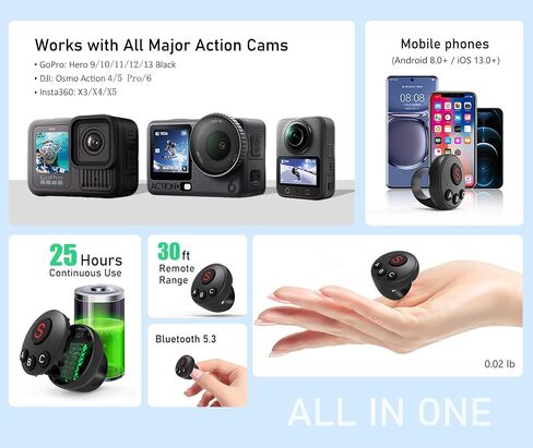4-in-1 Wearable Ring Camera Remote, Rechargeable Waterproof Gloves-Friendly Clicker, One-Touch Shutter & Video for Vlog Bike Motorcycle Ski Hike Fishing, Fits Insta360 DJI GoPro iOS Android in Kuwait
