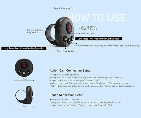 4-in-1 Wearable Ring Camera Remote, Rechargeable Waterproof Gloves-Friendly Clicker, One-Touch Shutter & Video for Vlog Bike Motorcycle Ski Hike Fishing, Fits Insta360 DJI GoPro iOS Android in Kuwait