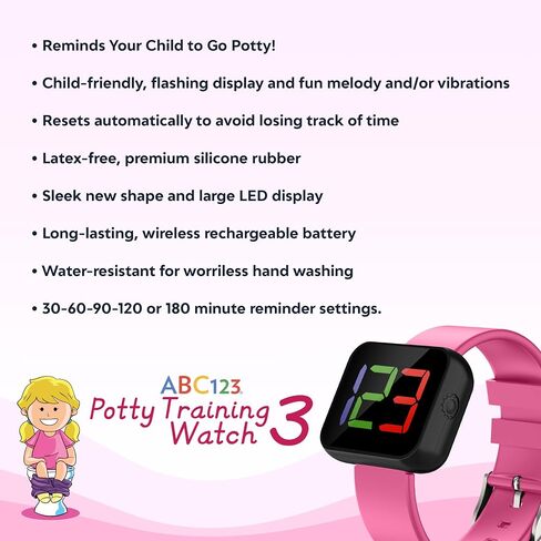 ABC123 Potty Training Watch 3 (2023 Edition) - Baby Reminder Water Resistant Timer for Toilet Training Kids & Toddler with Wireless Charging (Pink) in Kuwait